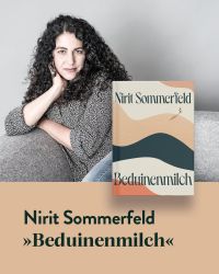 Die Autorin Nirit Sommerfeld neben dem Cover ihres Buches "Beduinenmilch"